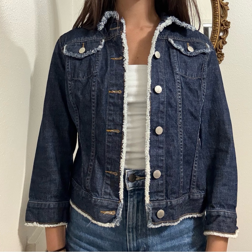 Isaac Mizrahi Dark Blue Denim Jacket with Frayed Trim